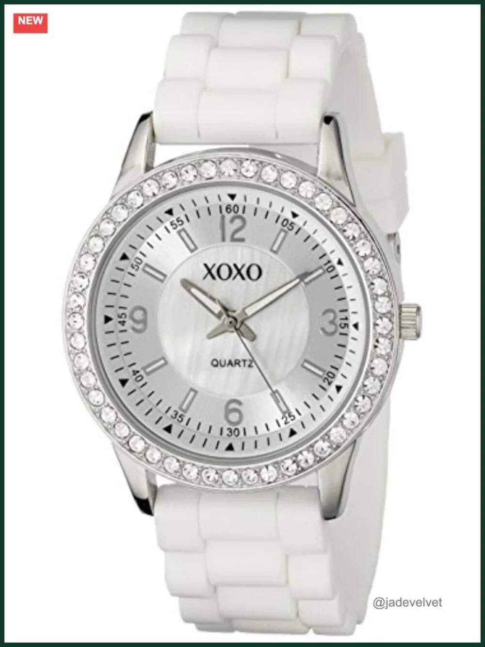 Rhinestone Bezel Watch with White Silicone Strap, Mother-of-Pearl Dial, Quartz